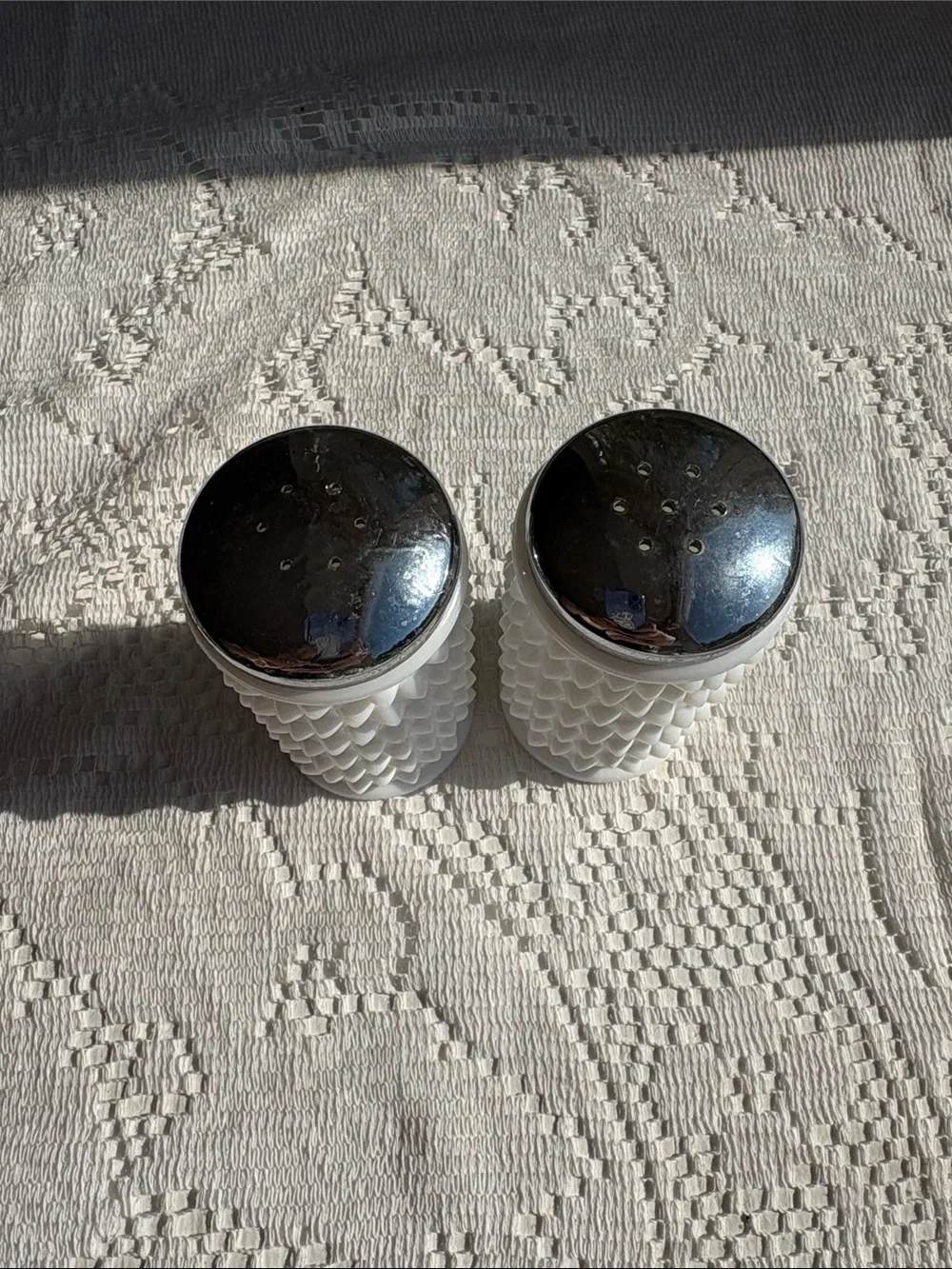 Vintage White Hobnail Glass Salt and Pepper Shakers with Silver Tops